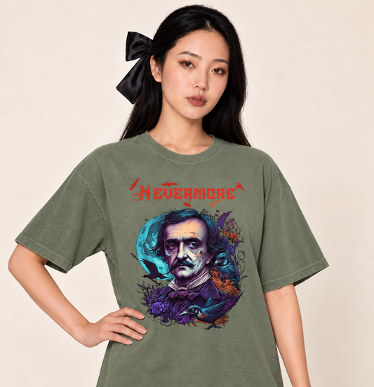 NEVERMORE – Relaxed Heavyweight Tee — Sage, existing Treattees model, direct crop, original print unchanged