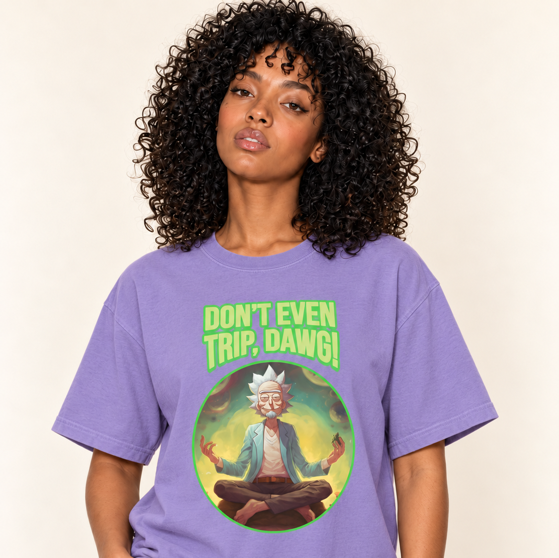 Don't Even Trip, Dawg – Relaxed Heavyweight Tee — Violet, existing Treattees model, direct crop, original print unchanged