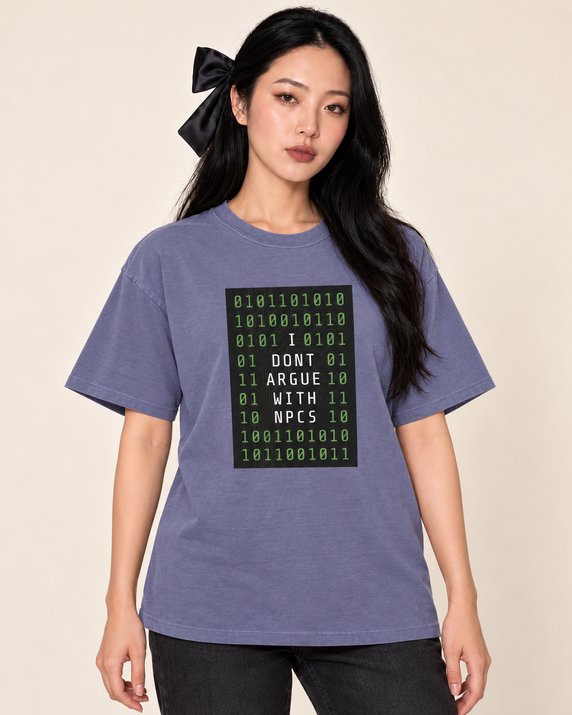 I Don't Argue With NPCS - Unisex Oversized Boxy Tee — Grape Juice on Treattees studio model, matching actual CustomCat print placement