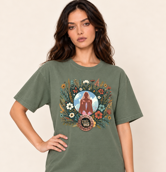 I Intend To Stay Wild – Relaxed Heavyweight Tee — Sage, existing Treattees model, direct crop, original print unchanged