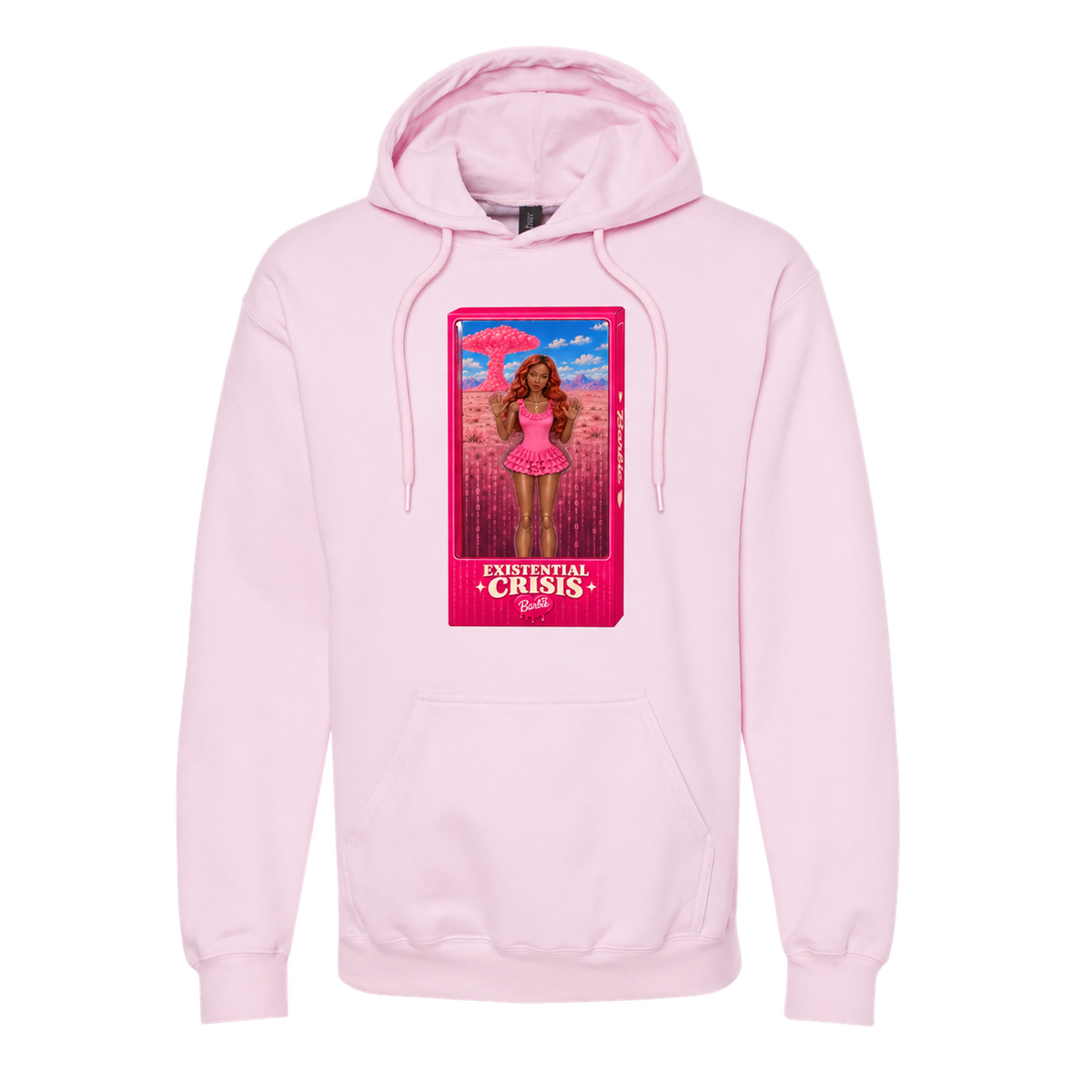Existential Crisis Barbie on a Light Pink Gildan SF500 hoodie, drawstrings arranged clear of the chest design