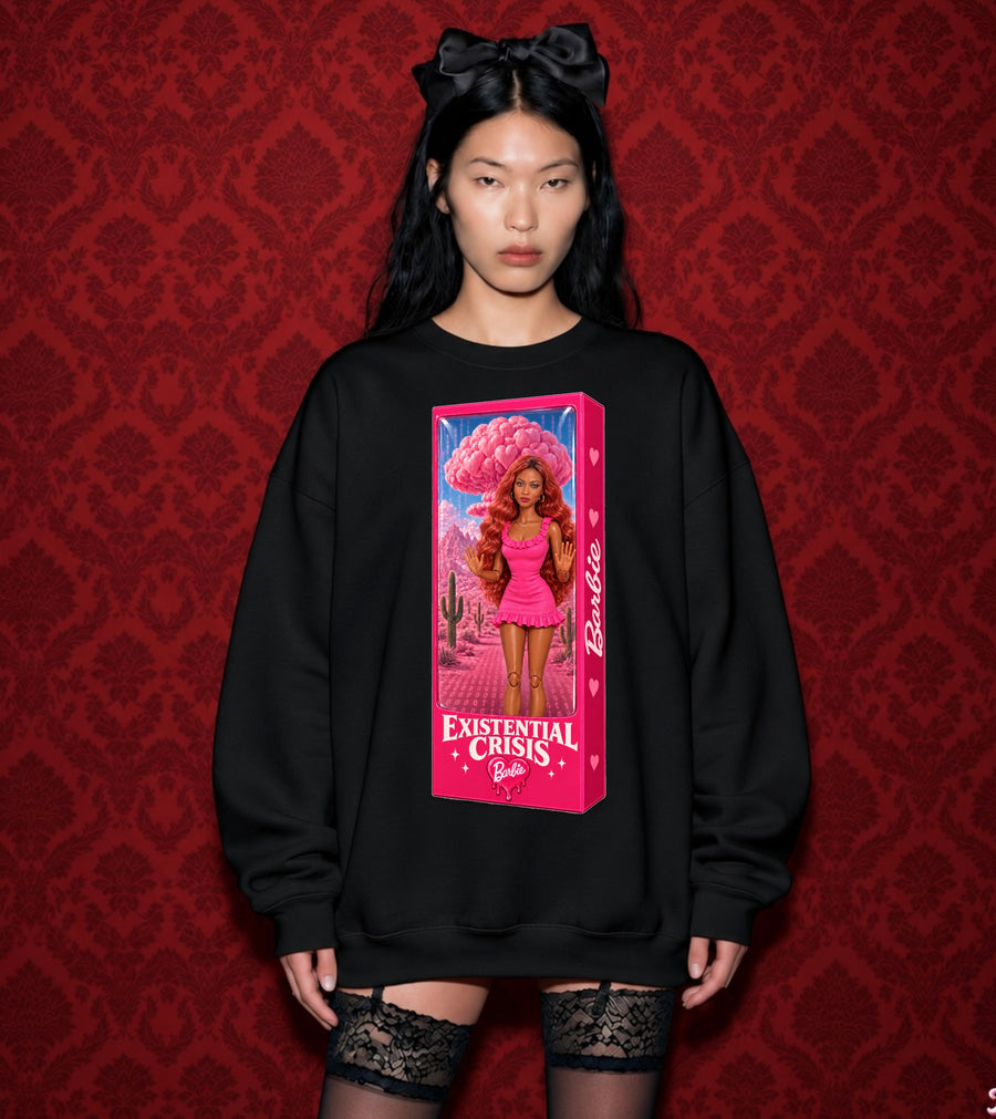 Existential Crisis Barbie Black oversized crewneck — supplied model photograph