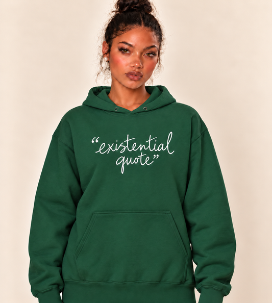Existential quote Forest SF500 hoodie on existing Treattees studio model, corrected raised chest print and tucked drawstrings