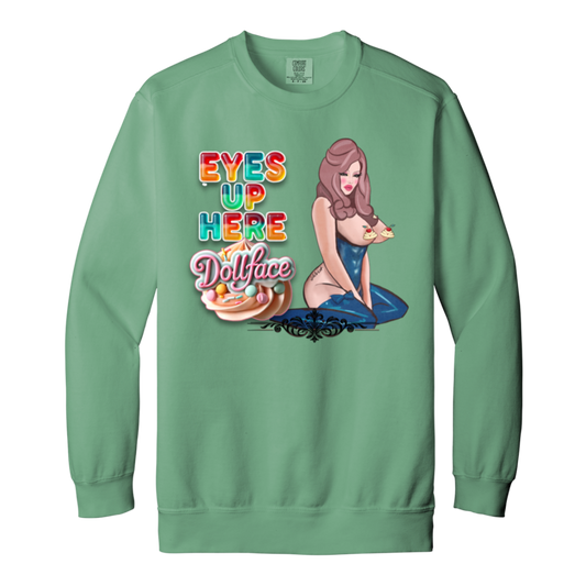 Eyes Up Here, Doll Face — Comfort Colors 1566 — Light Green