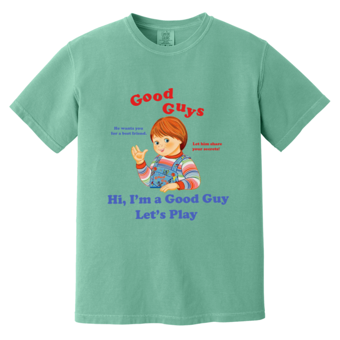 Good Guys — Comfort Colors 1717 in Seafoam, actual CustomCat print placement