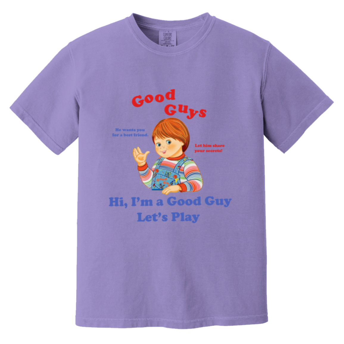 Good Guys — Comfort Colors 1717 in Violet, actual CustomCat print placement