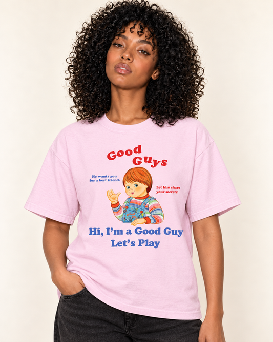 Good Guys Blossom pink tee on the curly-haired Treattees studio model