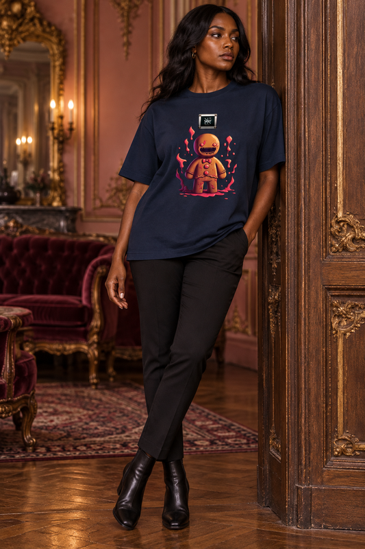Hell’Raisin Ginger oversized navy tee on model in gilded salon