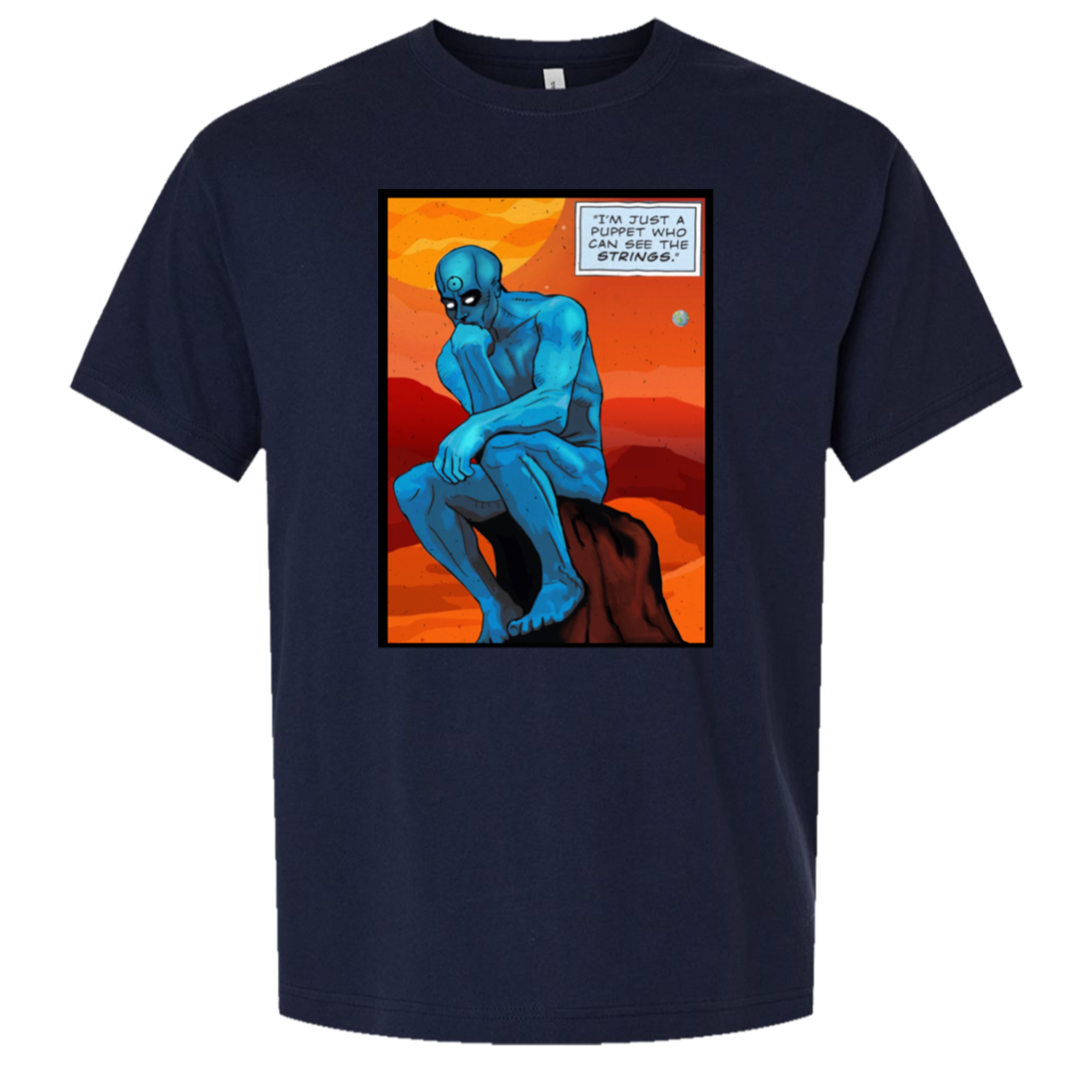 puppet in Navy — supplier render of corrected print placement