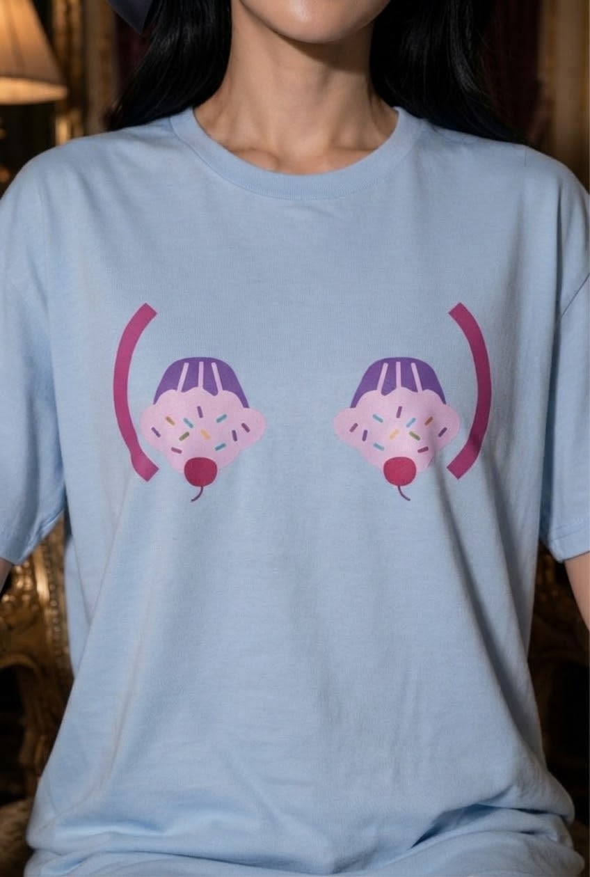 Cupcake graphic close-up on Light Blue sleep shirt