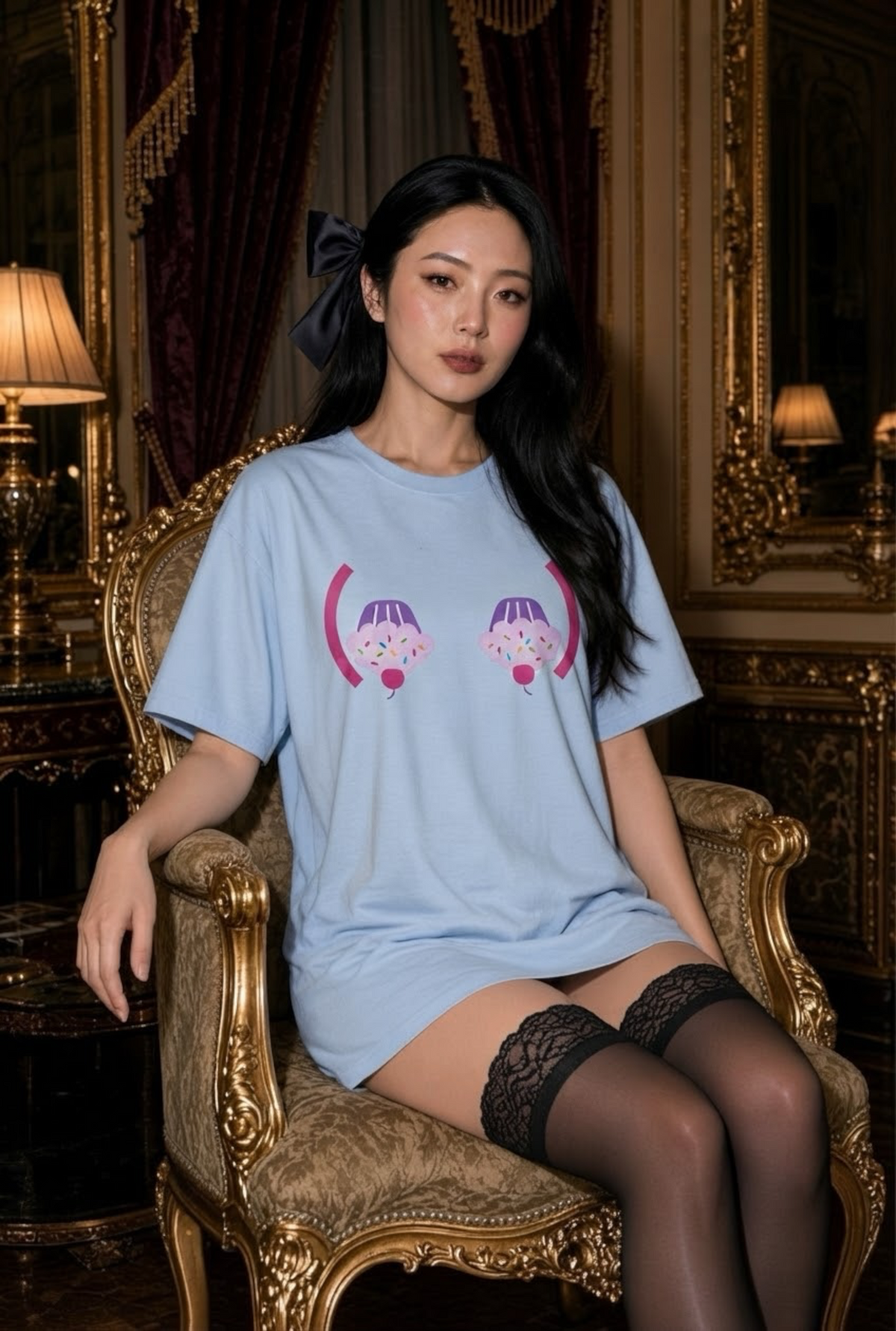 Treattees cupcake sleep shirt in Light Blue, seated model